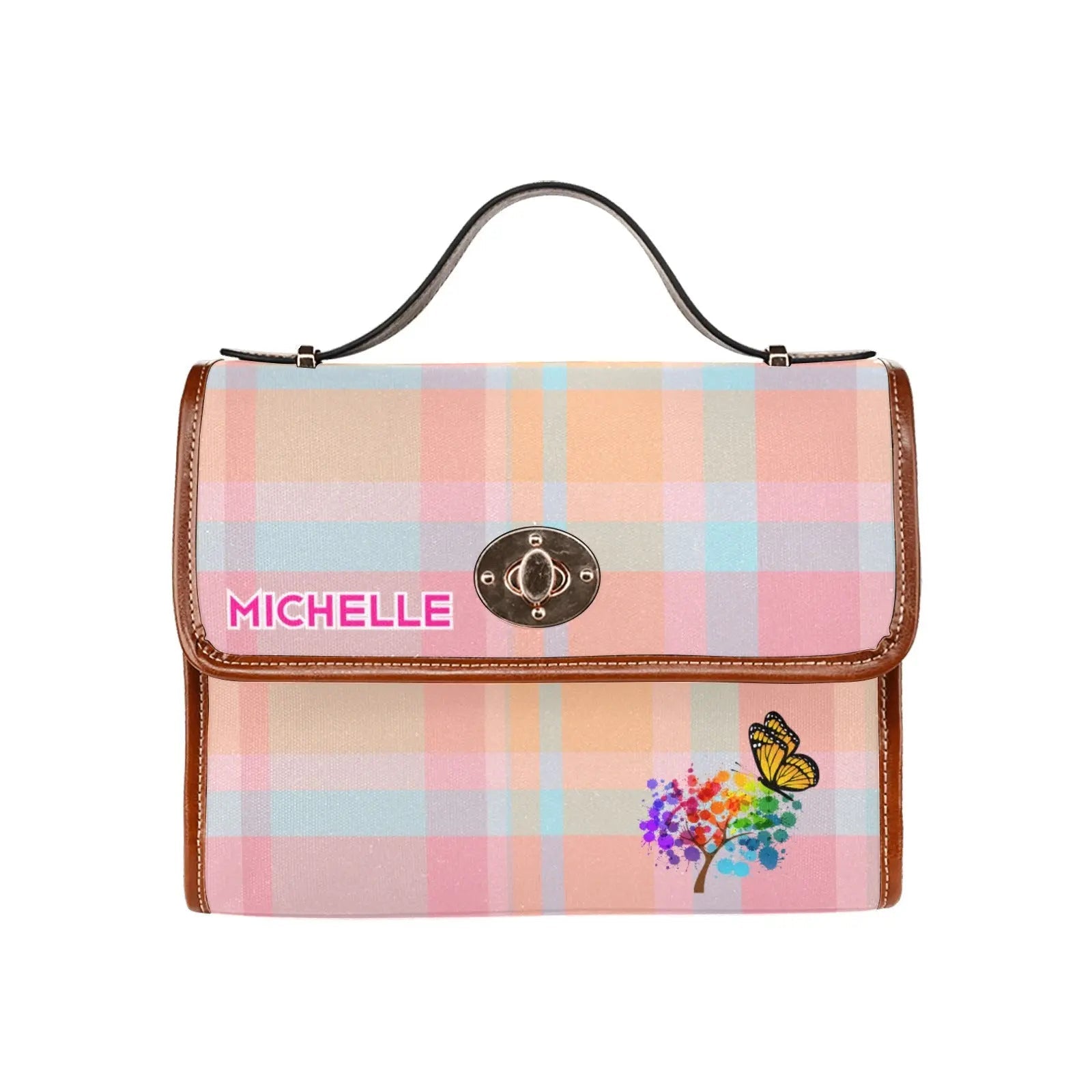 Personalized Waterproof Canvas Shoulder Strap Tartan Pink Bag - Piryoung Shop