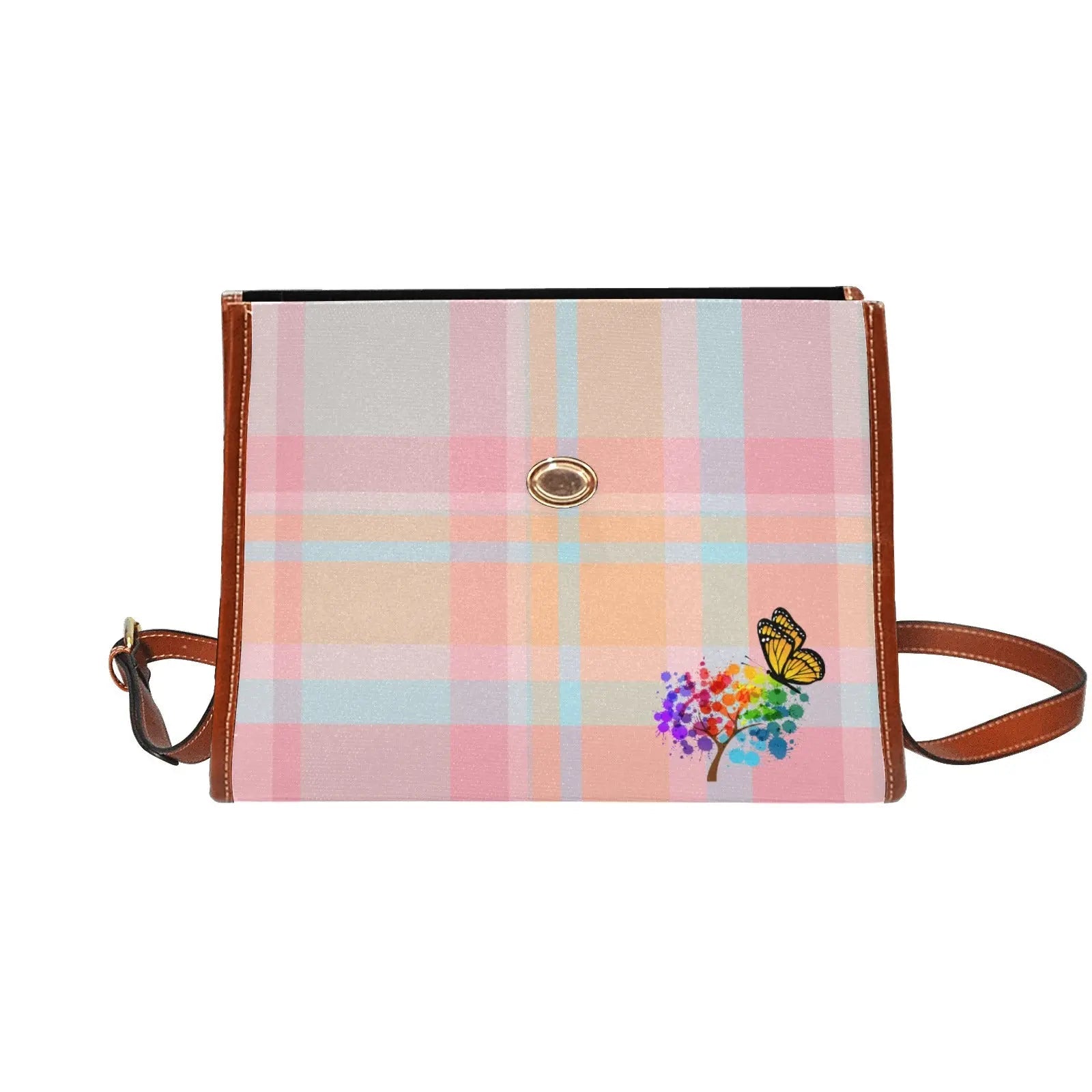 Personalized Waterproof Canvas Shoulder Strap Tartan Pink Bag - Piryoung Shop