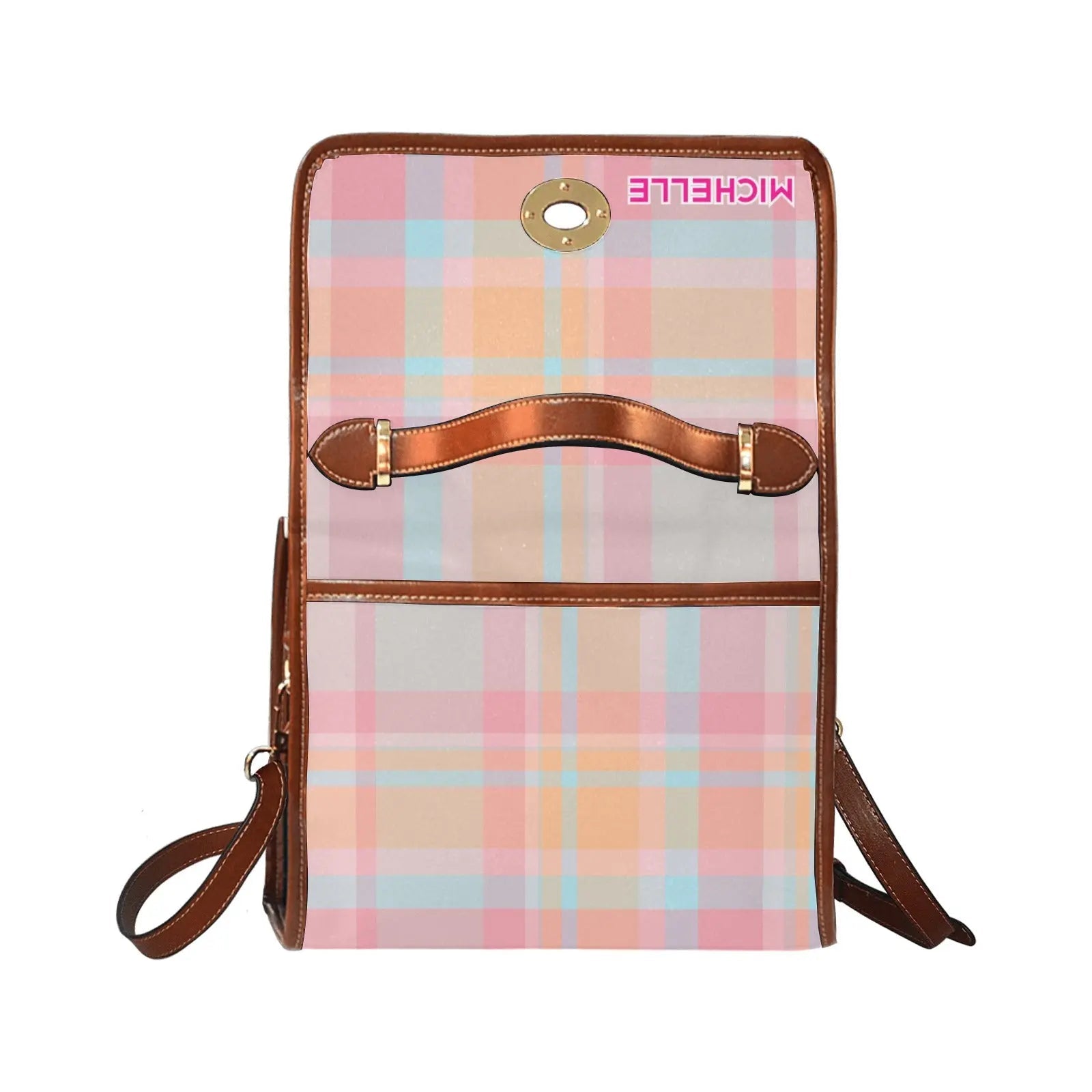 Personalized Waterproof Canvas Shoulder Strap Tartan Pink Bag - Piryoung Shop