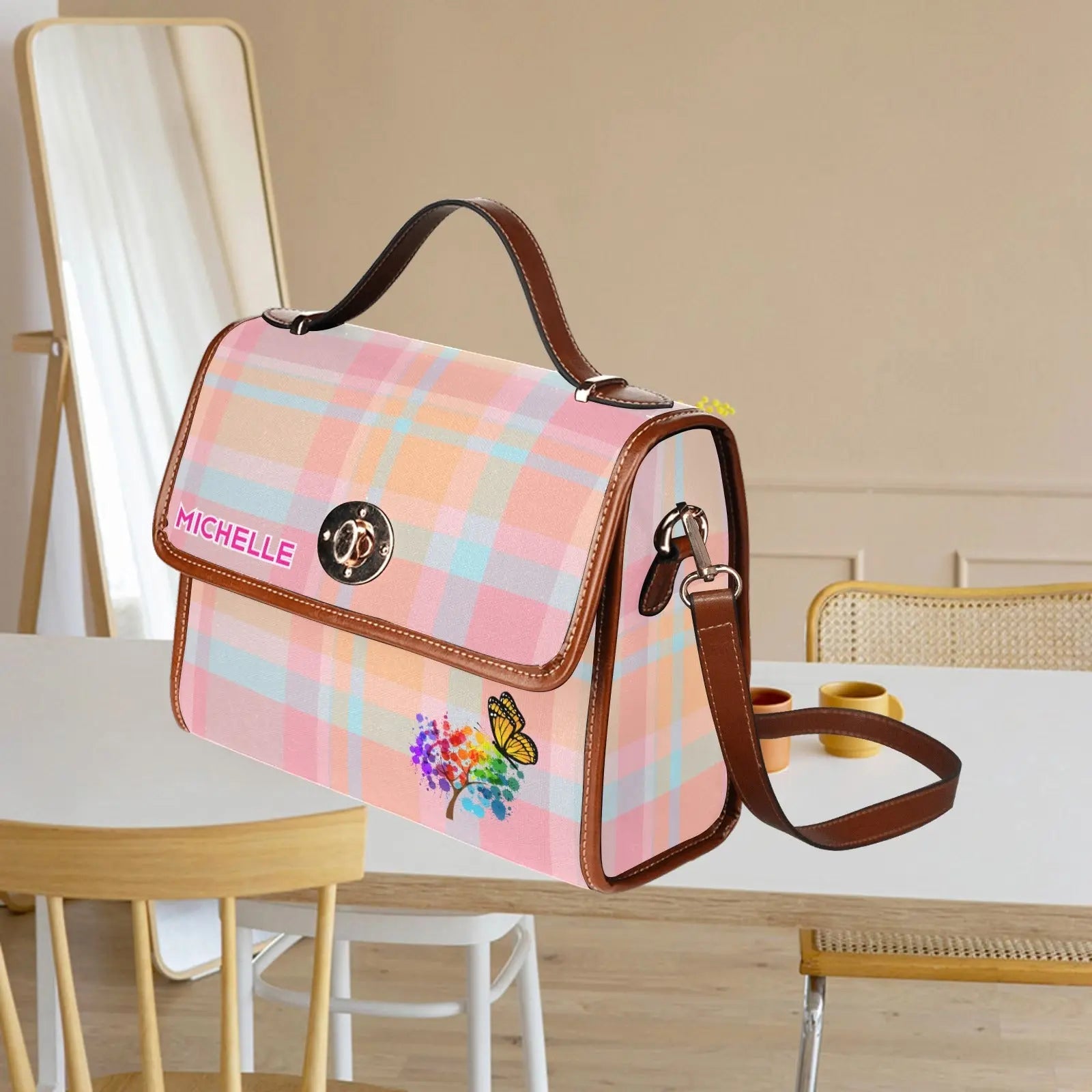 Personalized Waterproof Canvas Shoulder Strap Tartan Pink Bag - Piryoung Shop