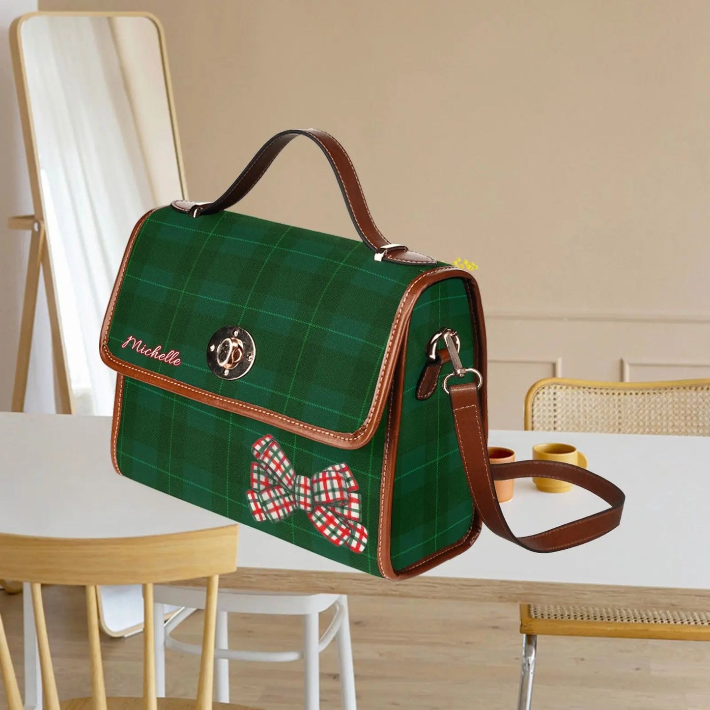 Personalized Waterproof Canvas Shoulder Strap Tartan Ribbon Bag - Piryoung Shop