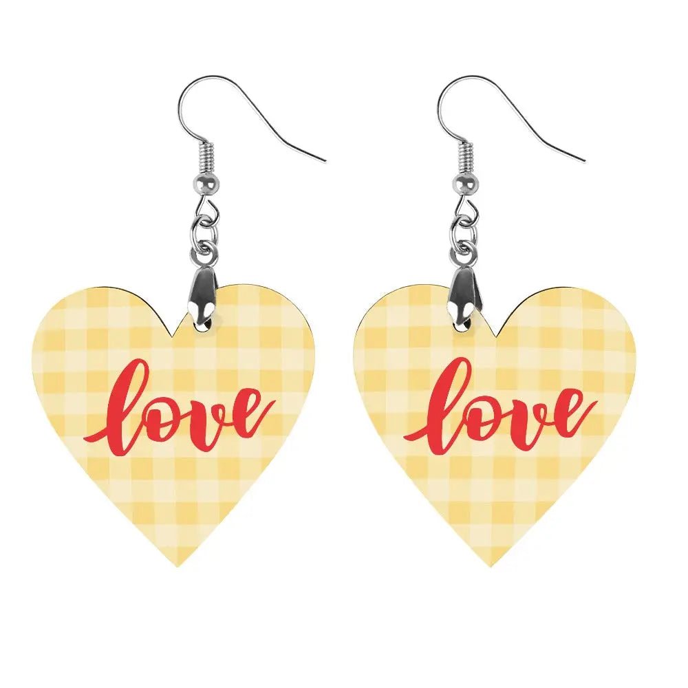 Tartan Wooden Heart Love Earring - Piryoung Shop