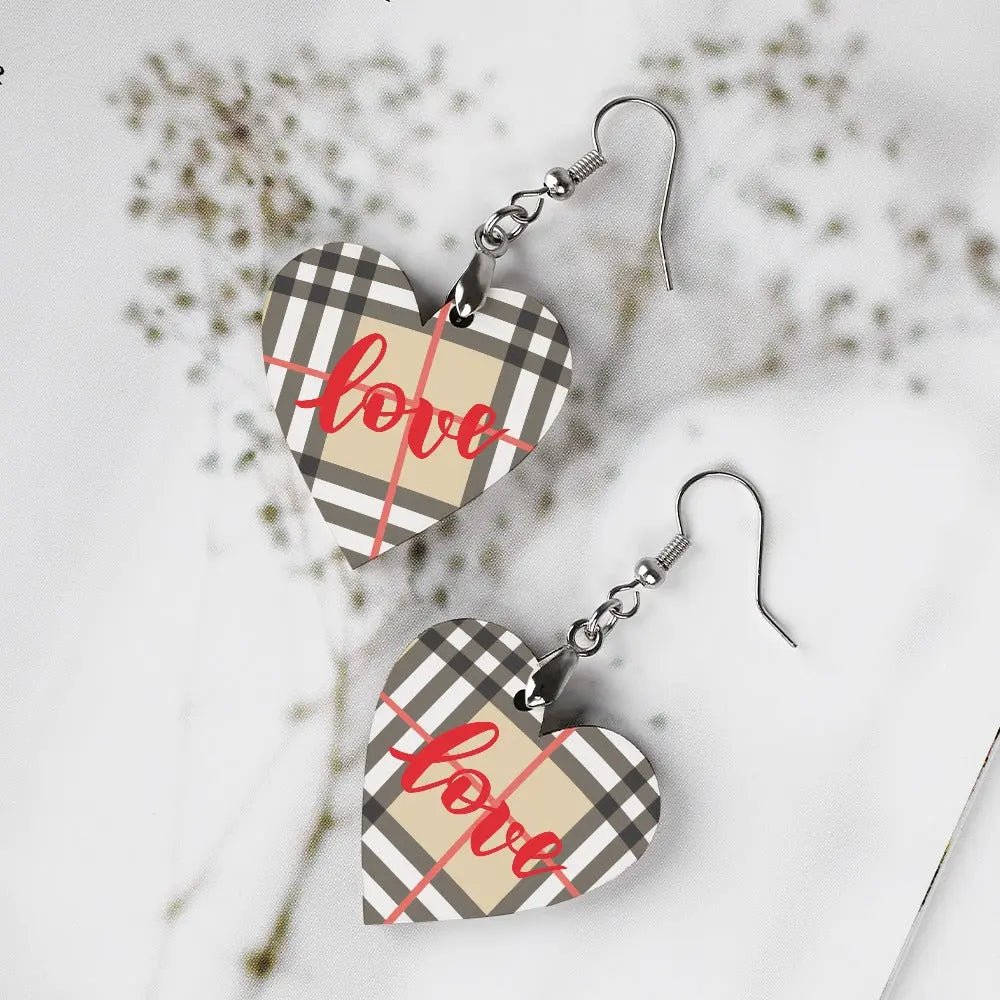 Tartan Wooden Heart Love Earring - Piryoung Shop