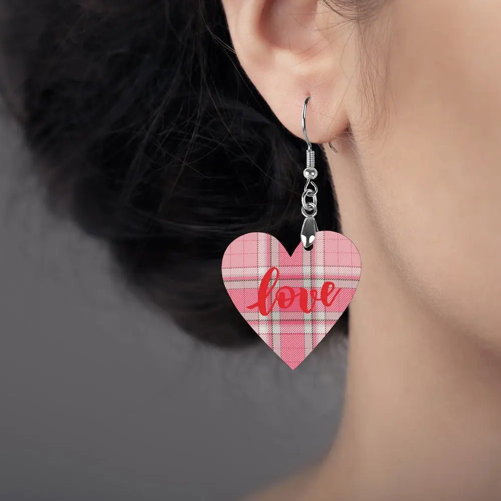 Tartan Wooden Heart Love Earring - Piryoung Shop