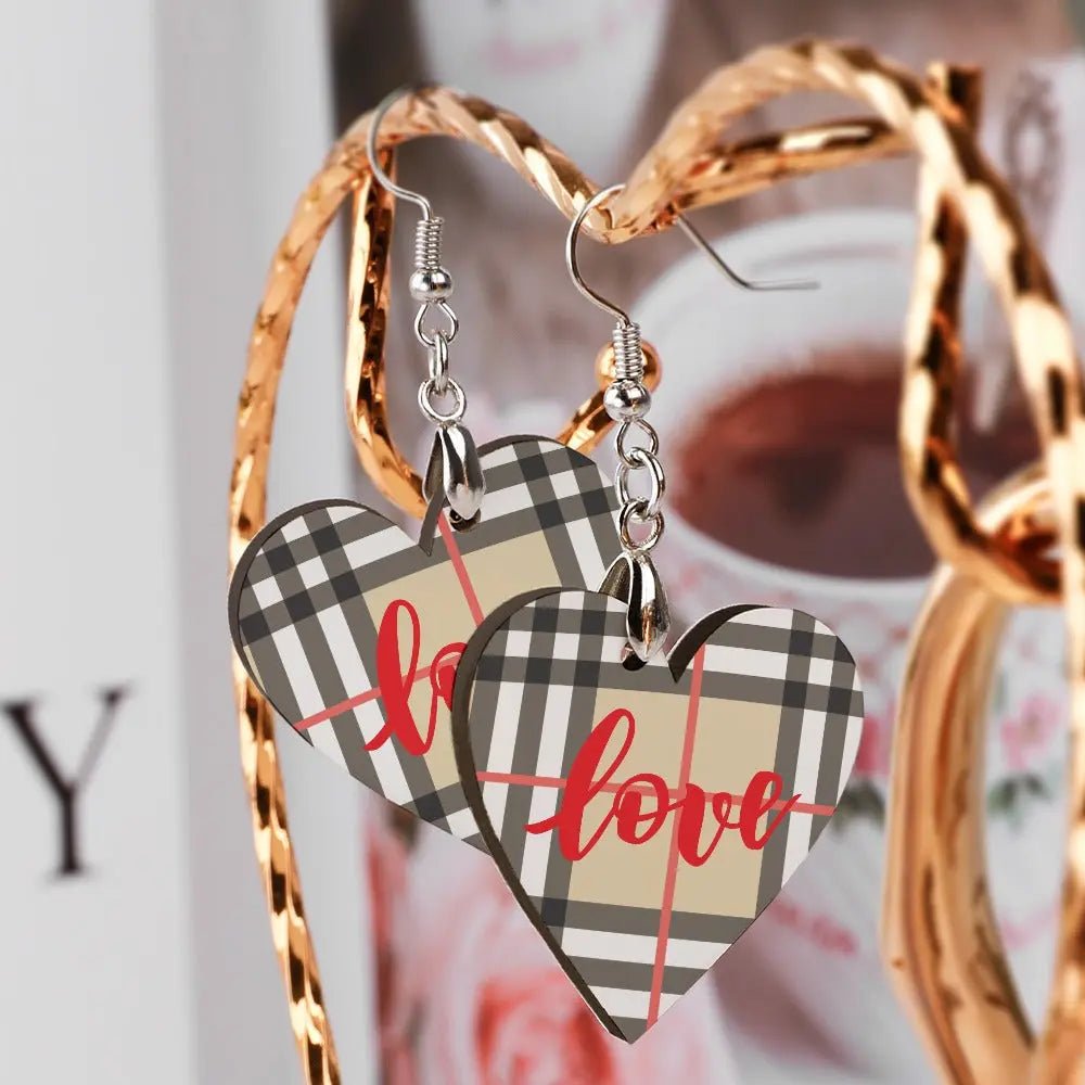 Tartan Wooden Heart Love Earring - Piryoung Shop