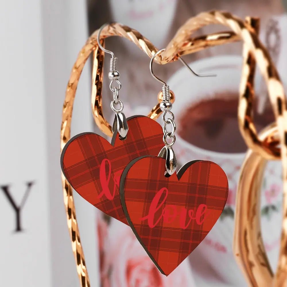 Tartan Wooden Heart Love Earring - Piryoung Shop