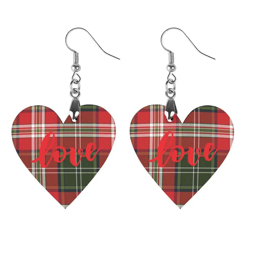 Tartan Wooden Heart Love Earring - Piryoung Shop