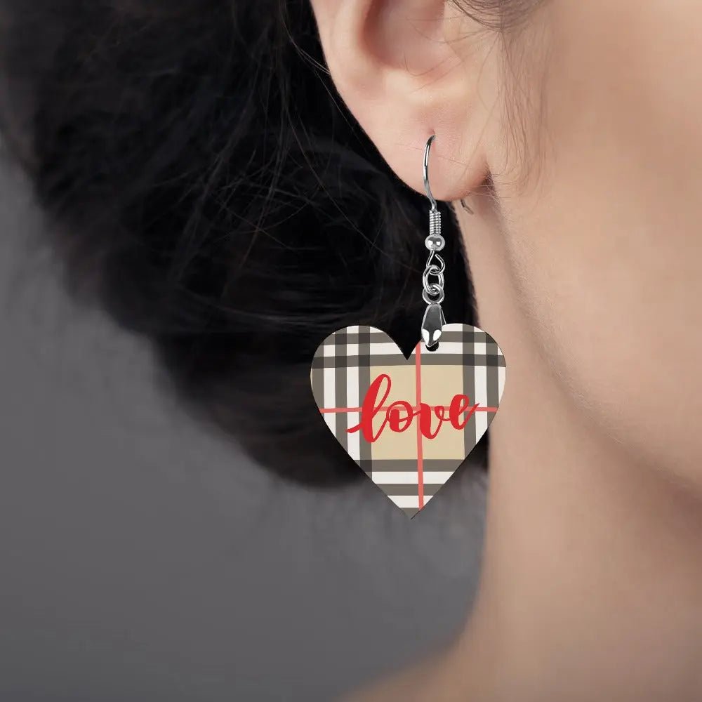 Tartan Wooden Heart Love Earring - Piryoung Shop