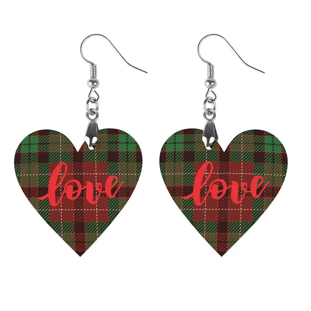 Tartan Wooden Heart Love Earring - Piryoung Shop