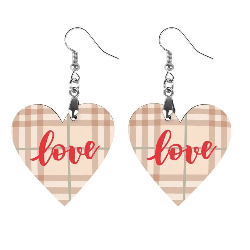 Tartan Wooden Heart Love Earring - Piryoung Shop