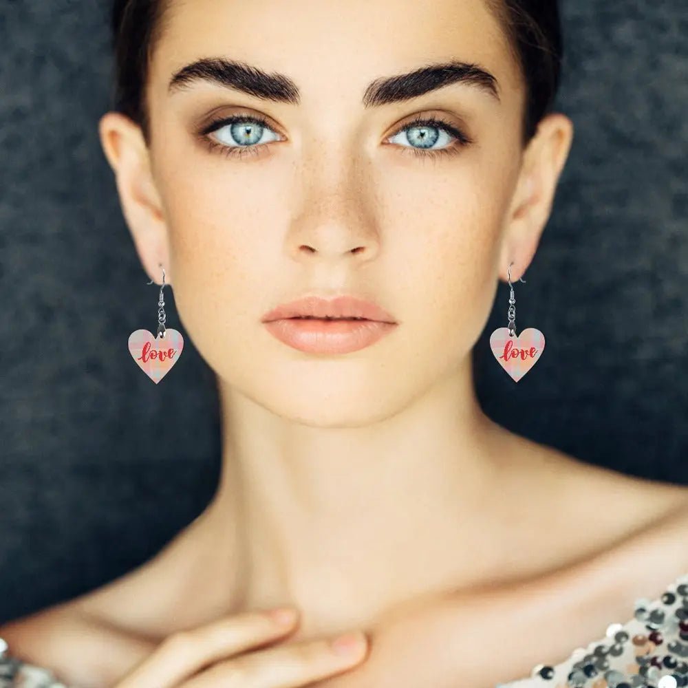 Tartan Wooden Heart Love Earring - Piryoung Shop