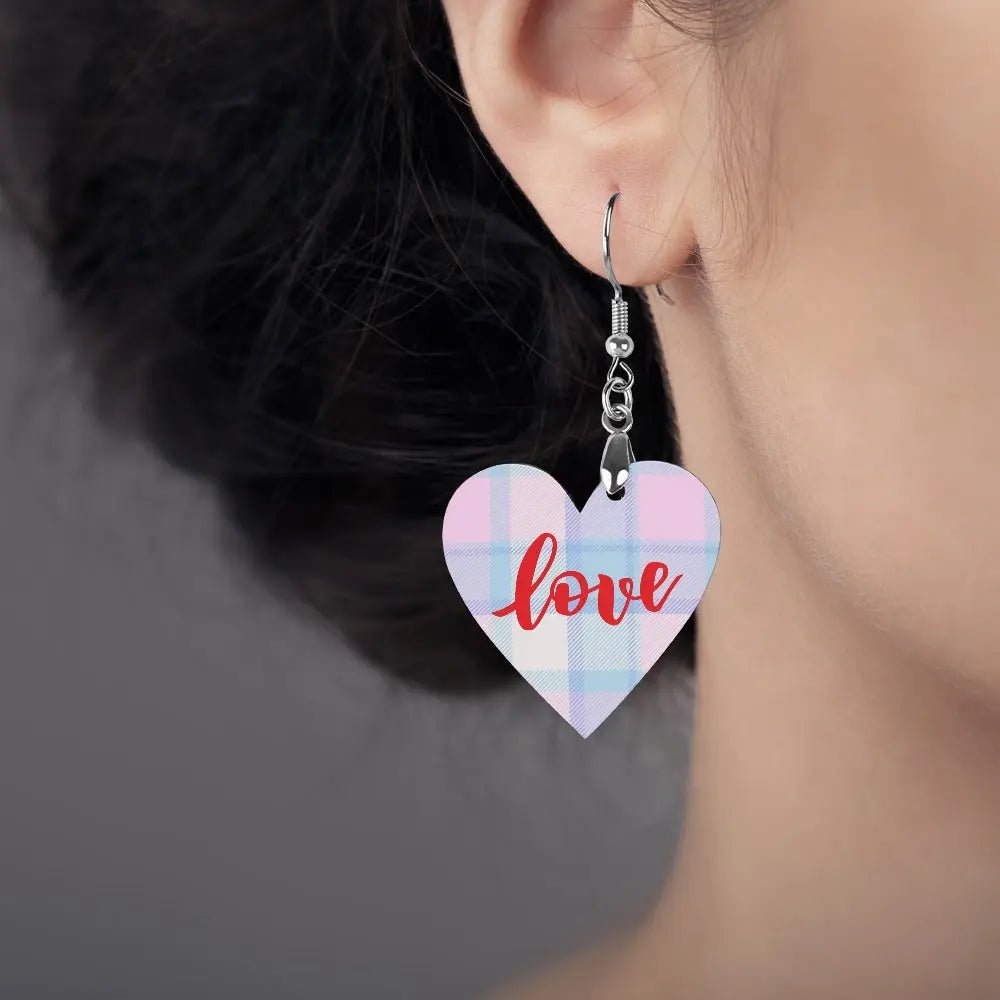 Tartan Wooden Heart Love Earring - Piryoung Shop