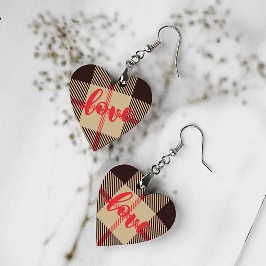 Tartan Wooden Heart Love Earring - Piryoung Shop