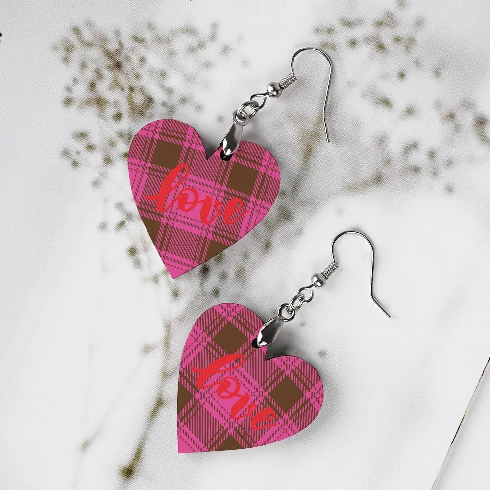 Tartan Wooden Heart Love Earring - Piryoung Shop