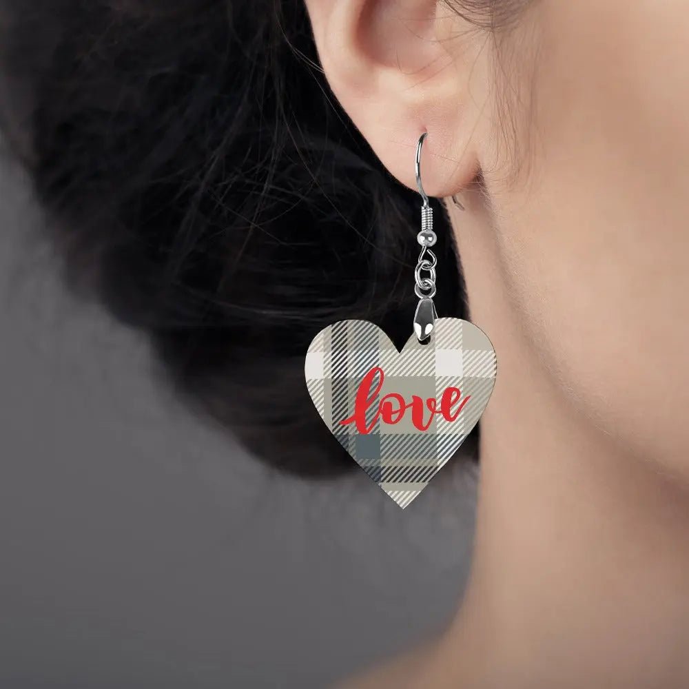 Tartan Wooden Heart Love Earring - Piryoung Shop