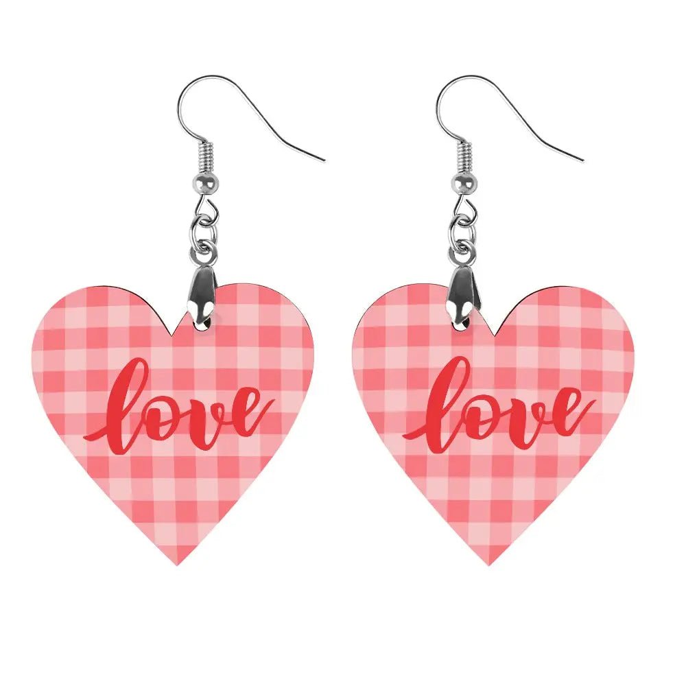 Tartan Wooden Heart Love Earring - Piryoung Shop