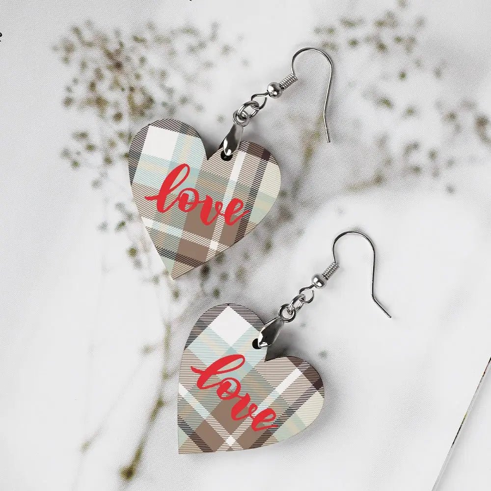 Tartan Wooden Heart Love Earring - Piryoung Shop