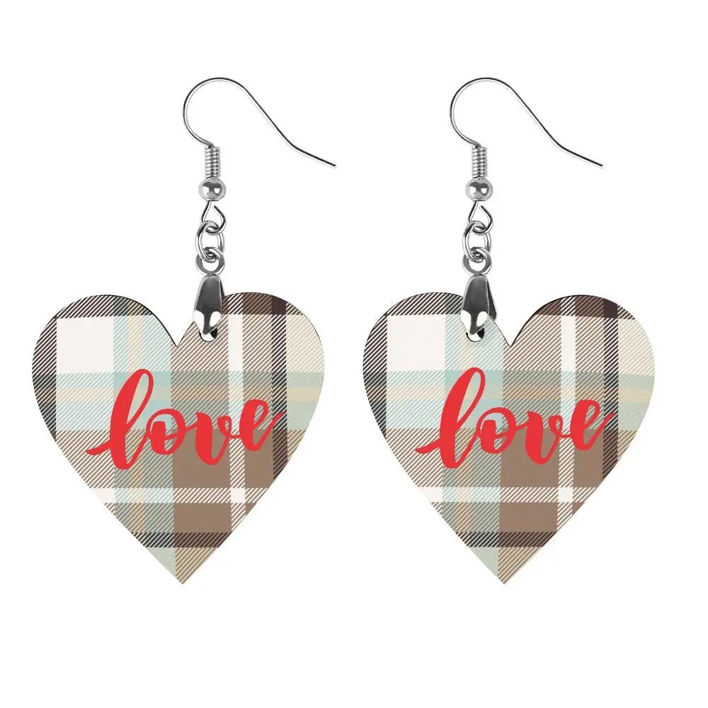 Tartan Wooden Heart Love Earring - Piryoung Shop