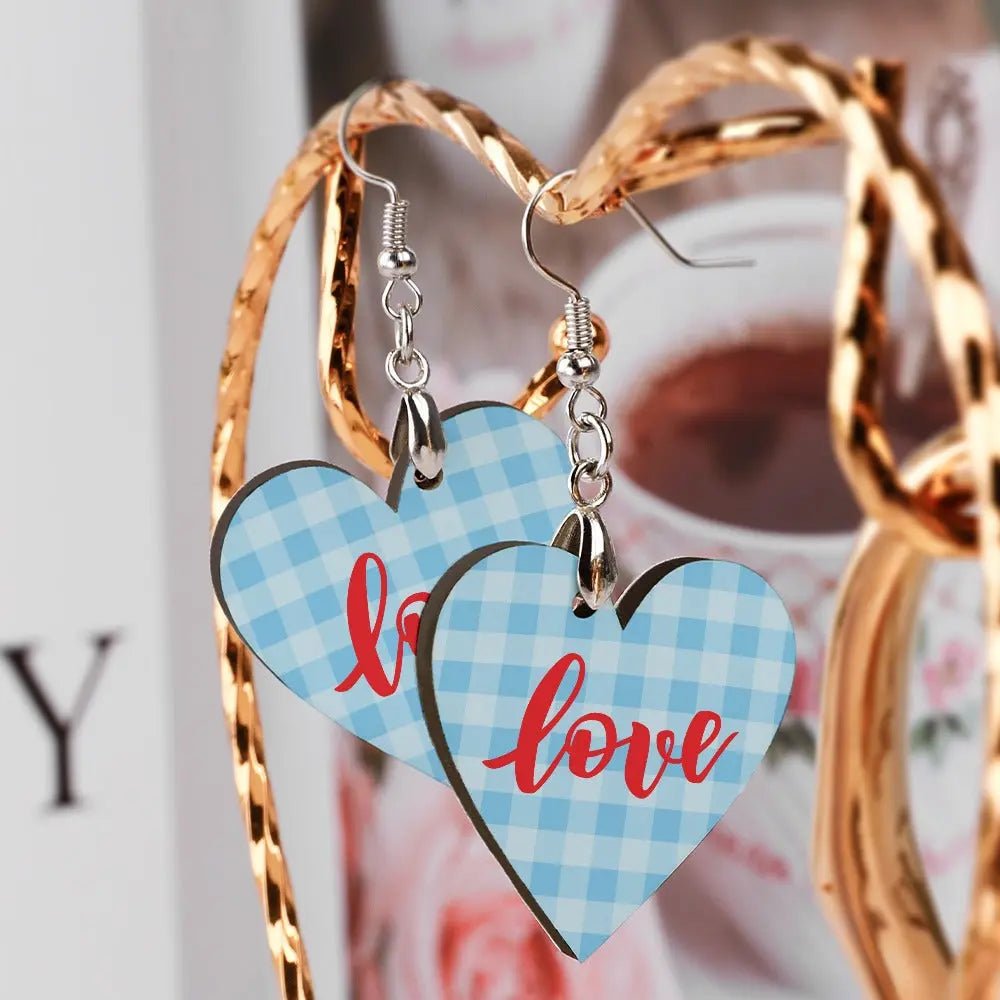 Tartan Wooden Heart Love Earring - Piryoung Shop
