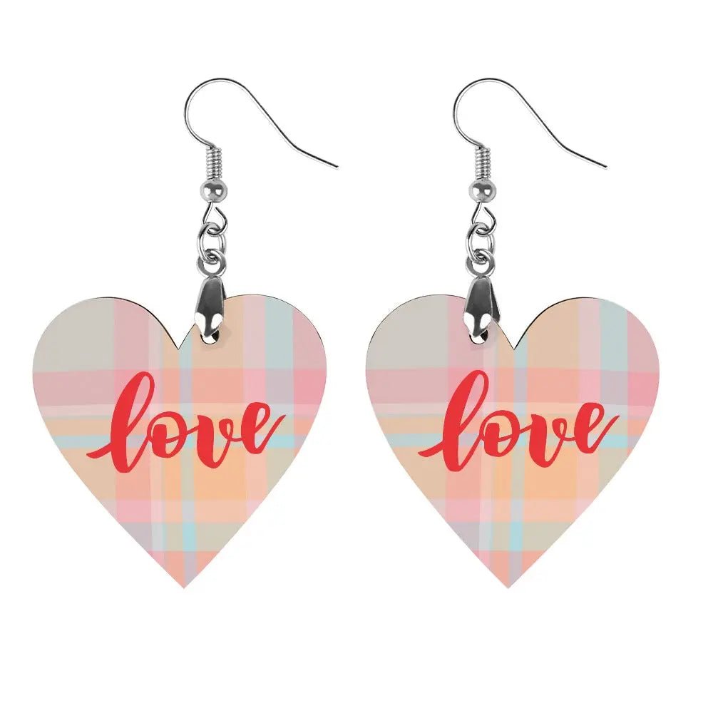 Tartan Wooden Heart Love Earring - Piryoung Shop