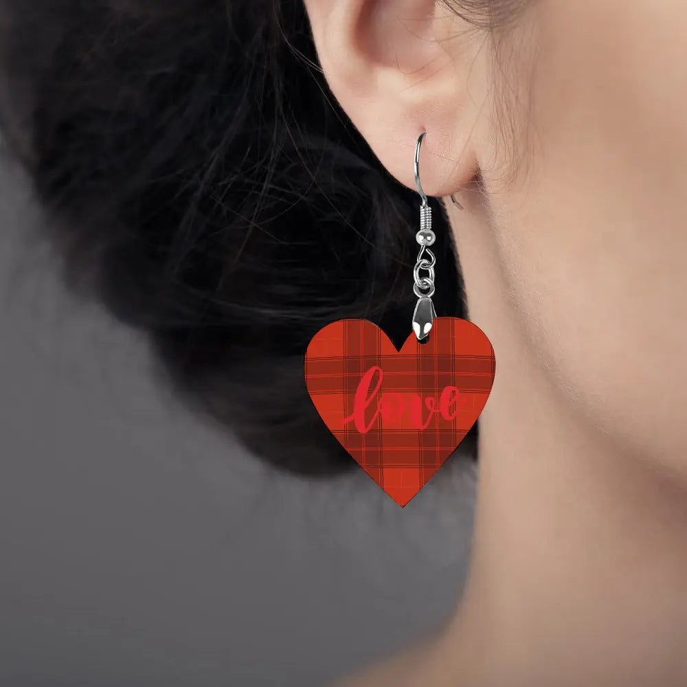 Tartan Wooden Heart Love Earring - Piryoung Shop