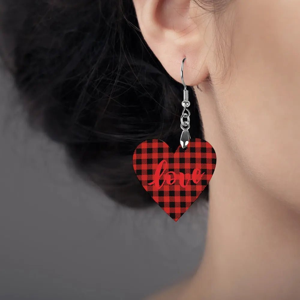 Tartan Wooden Heart Love Earring - Piryoung Shop