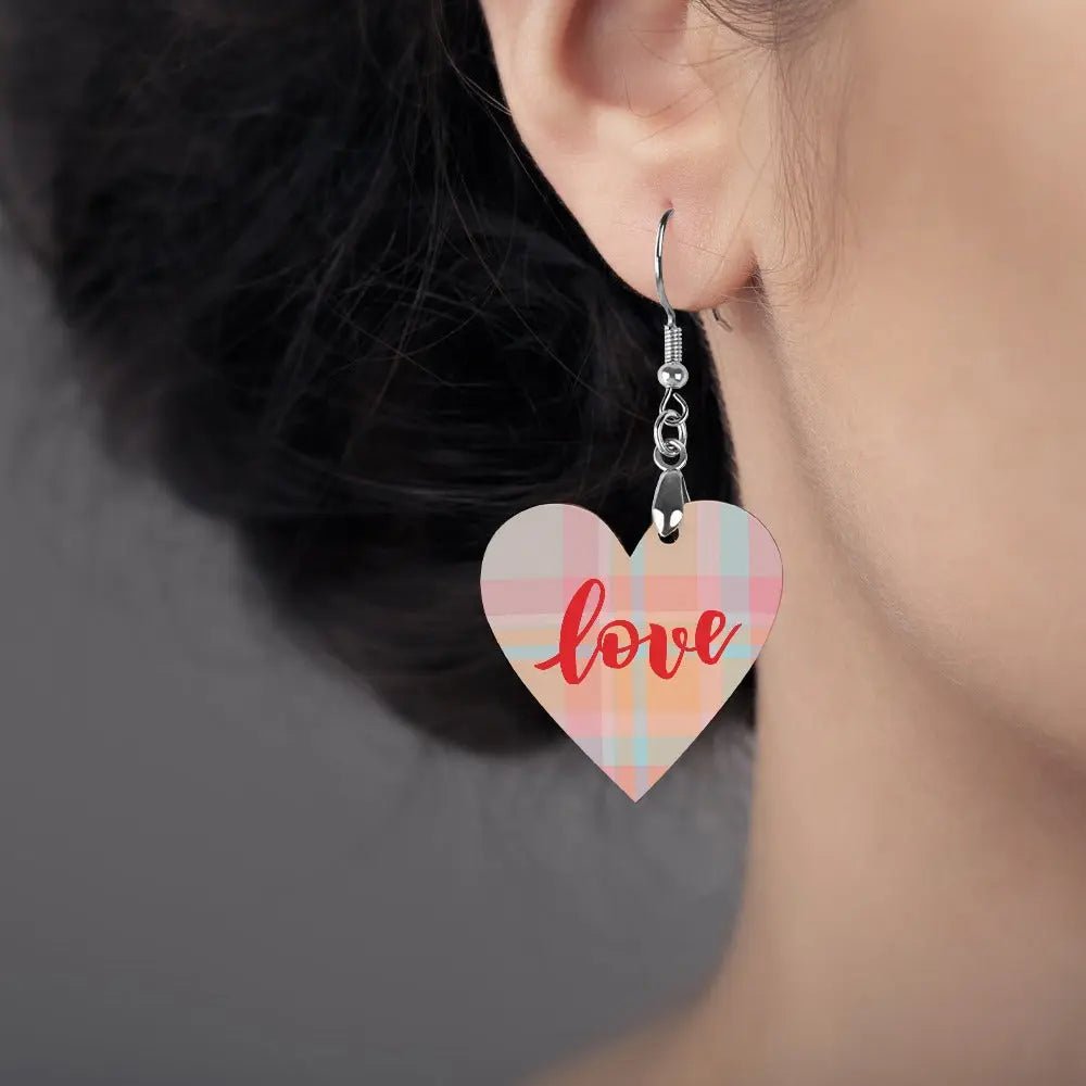 Tartan Wooden Heart Love Earring - Piryoung Shop