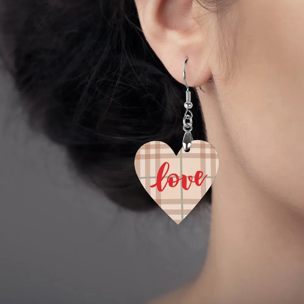 Tartan Wooden Heart Love Earring - Piryoung Shop