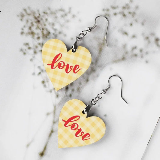 Tartan Wooden Heart Love Earring - Piryoung Shop