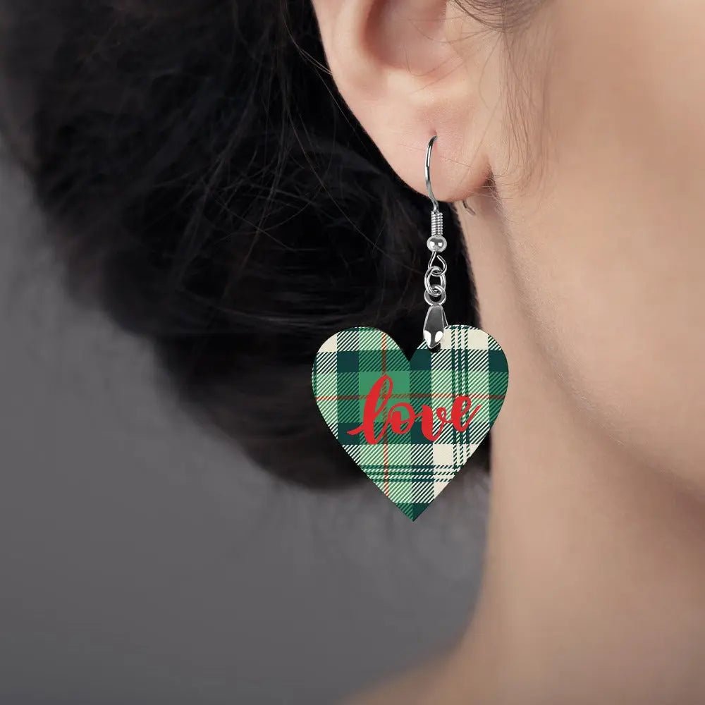 Tartan Wooden Heart Love Earring - Piryoung Shop