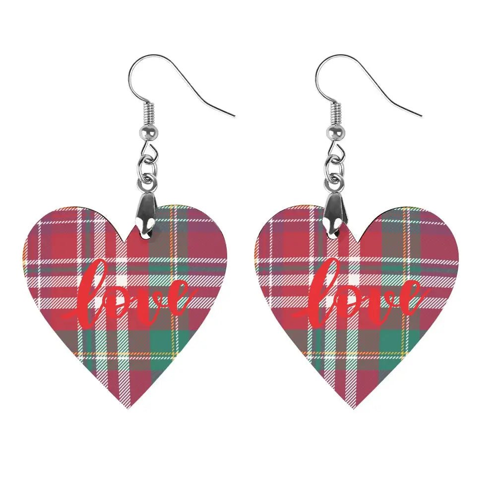 Tartan Wooden Heart Love Earring - Piryoung Shop