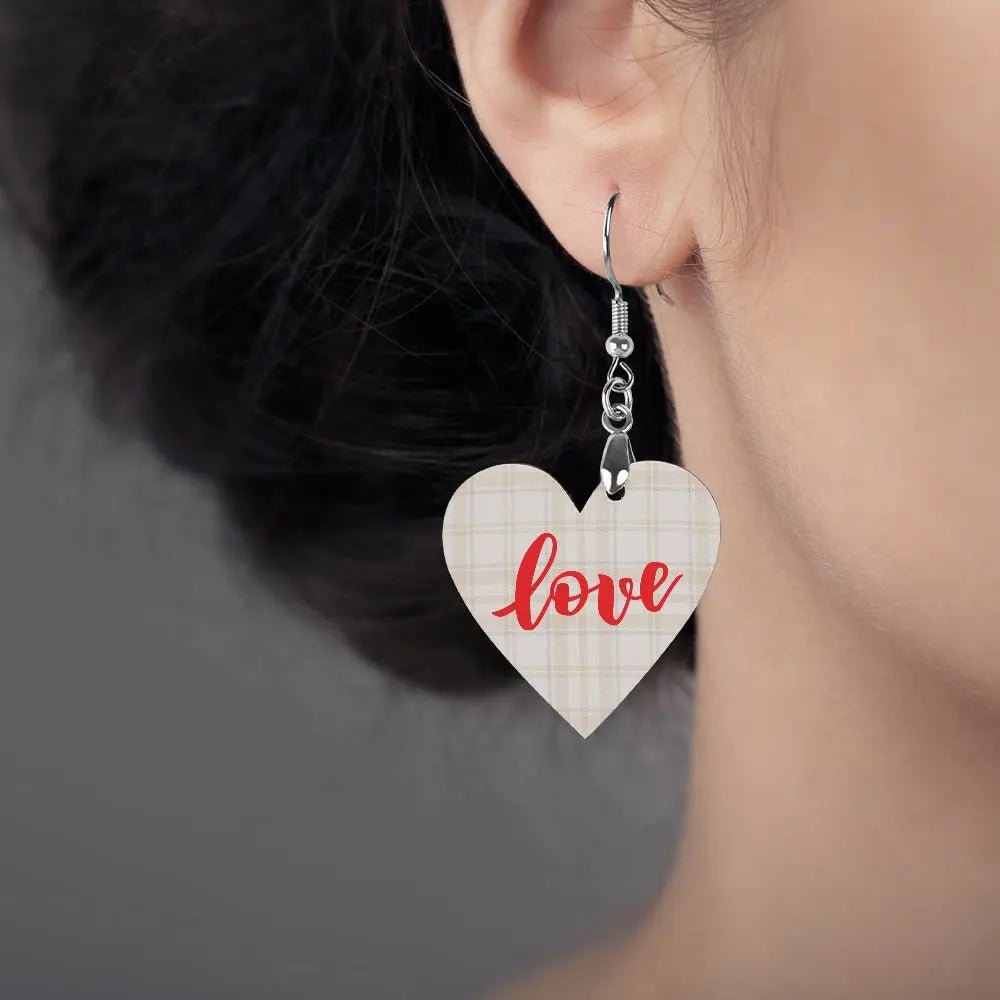 Tartan Wooden Heart Love Earring - Piryoung Shop