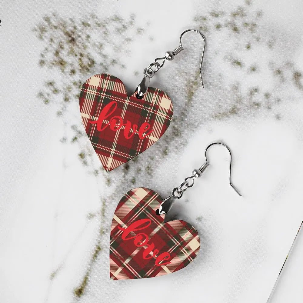 Tartan Wooden Heart Love Earring - Piryoung Shop
