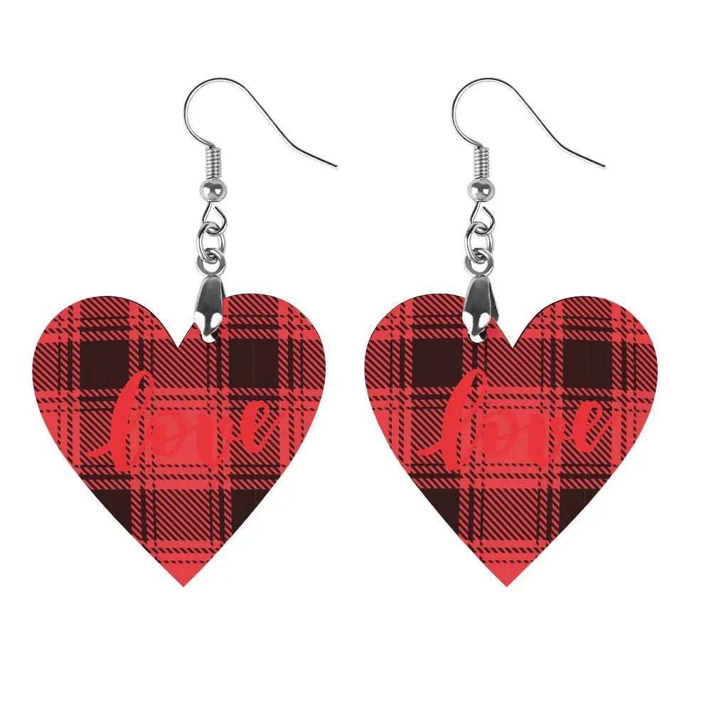 Tartan Wooden Heart Love Earring - Piryoung Shop