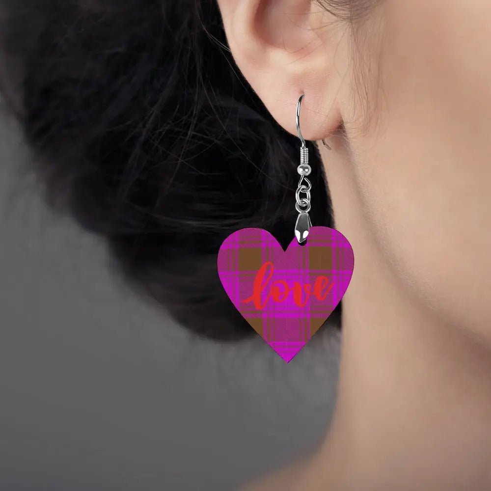 Tartan Wooden Heart Love Earring - Piryoung Shop