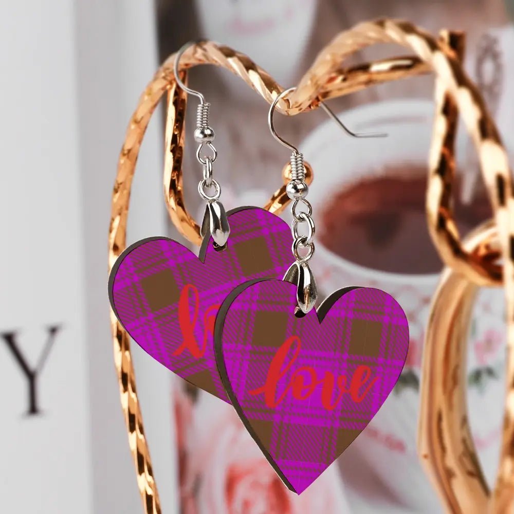 Tartan Wooden Heart Love Earring - Piryoung Shop
