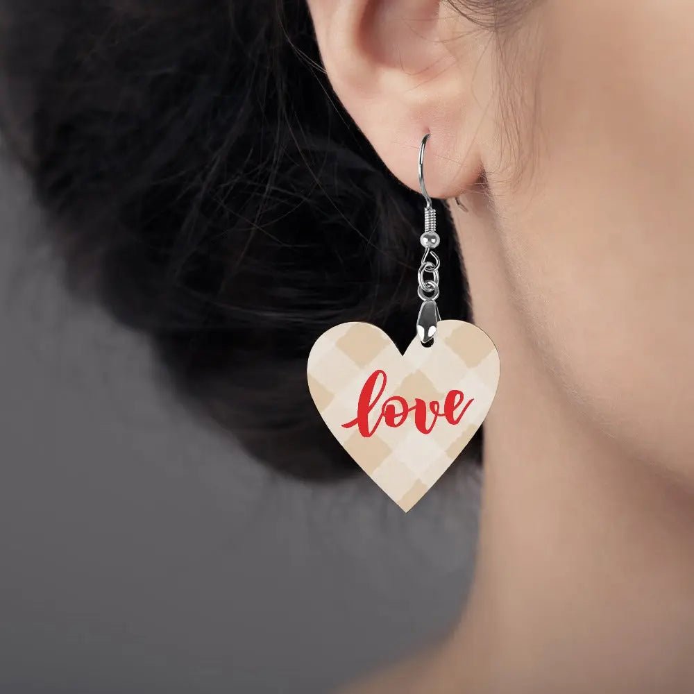 Tartan Wooden Heart Love Earring - Piryoung Shop