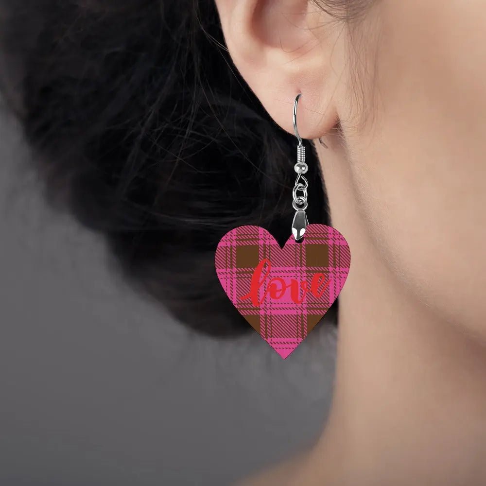 Tartan Wooden Heart Love Earring - Piryoung Shop