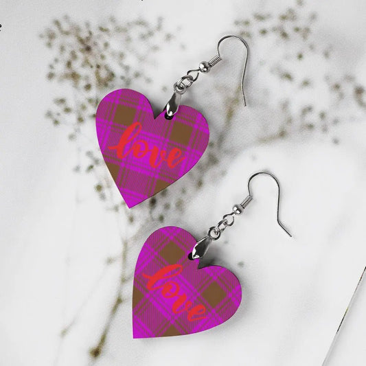 Tartan Wooden Heart Love Earring - Piryoung Shop