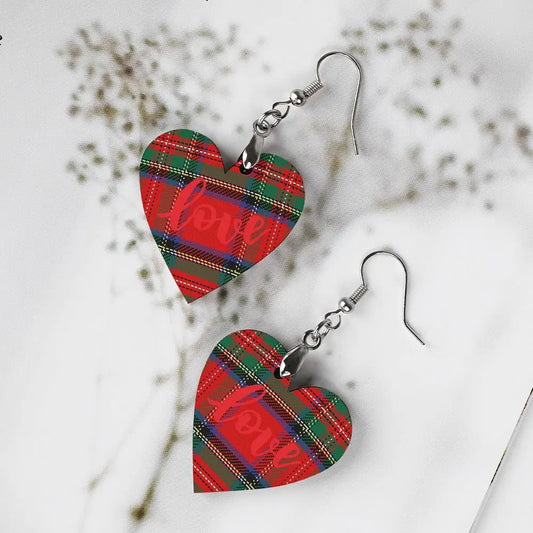 Tartan Wooden Heart Love Earring - Piryoung Shop
