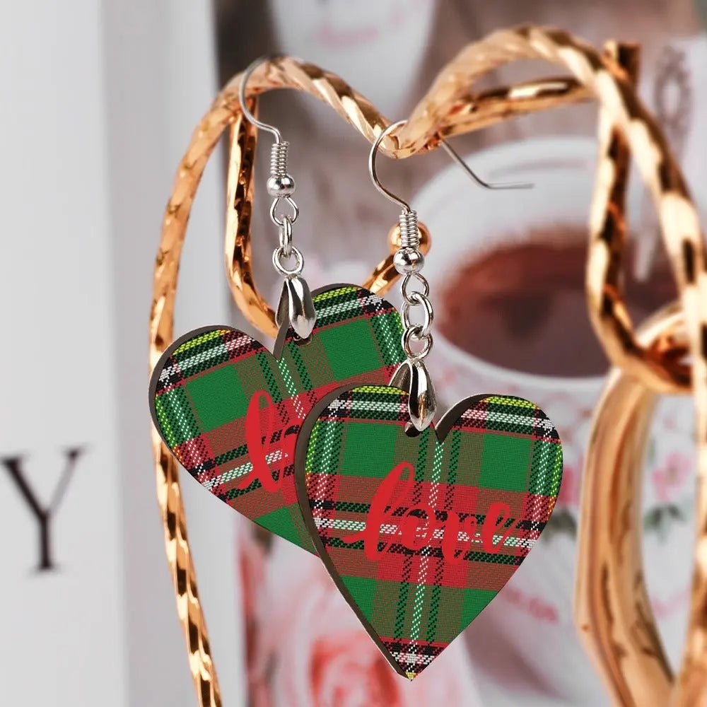 Tartan Wooden Heart Love Earring - Piryoung Shop