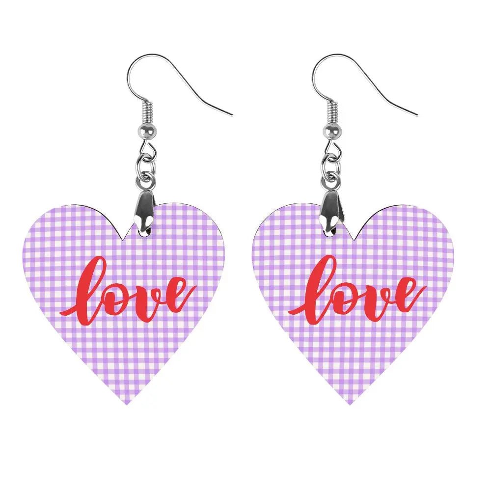 Tartan Wooden Heart Love Earring - Piryoung Shop