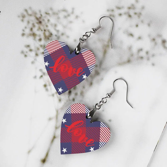Tartan Wooden Heart Love Earring - Piryoung Shop