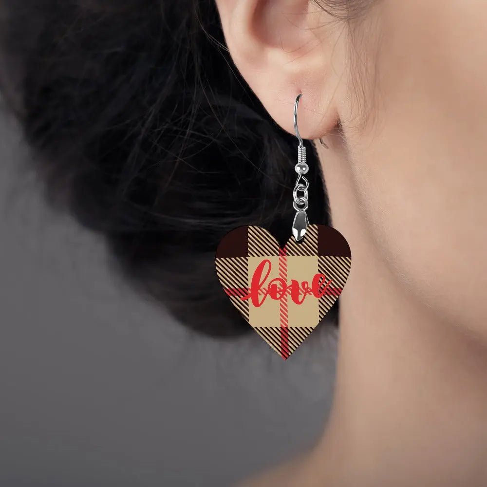 Tartan Wooden Heart Love Earring - Piryoung Shop