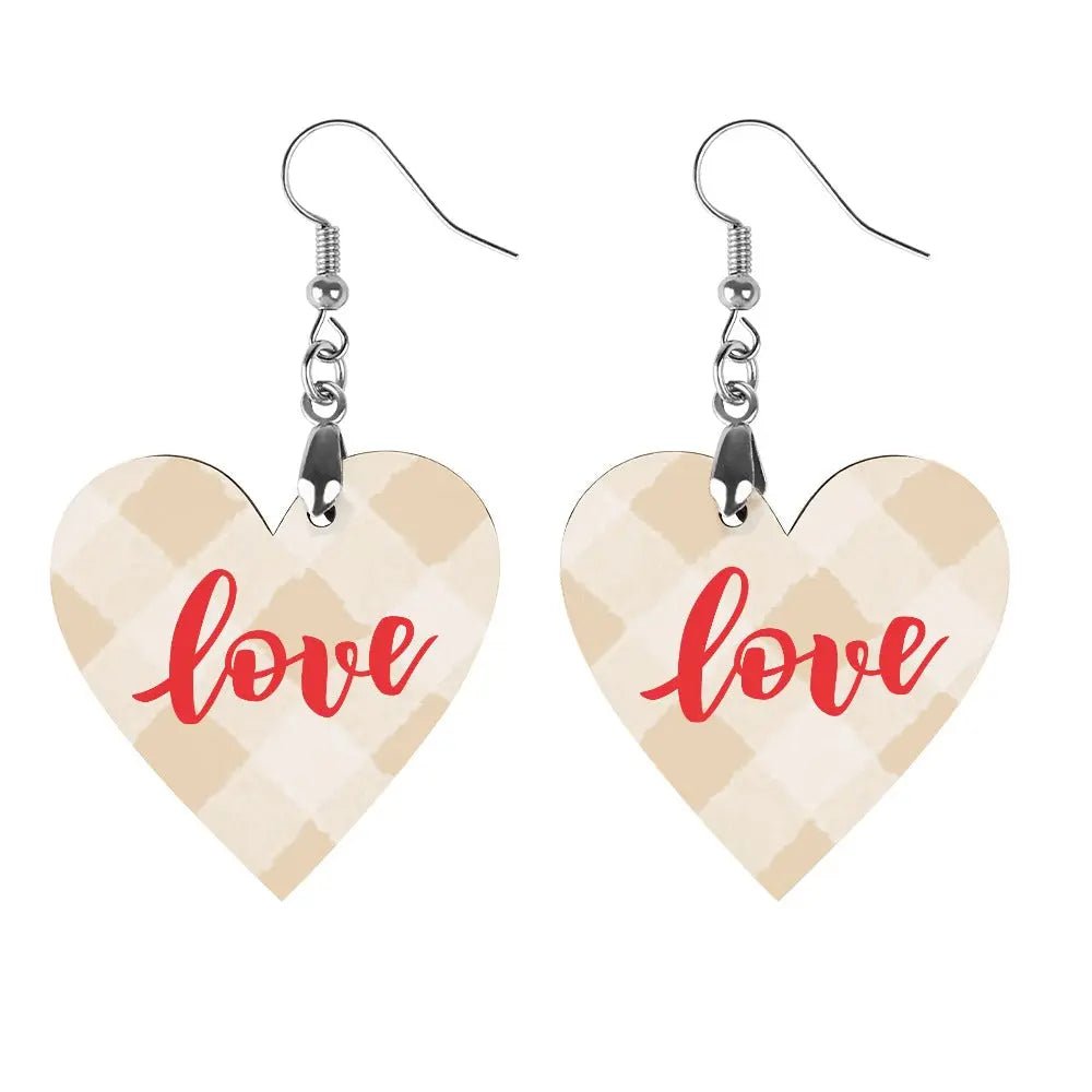 Tartan Wooden Heart Love Earring - Piryoung Shop
