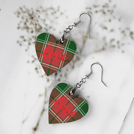 Tartan Wooden Heart Love Earring - Piryoung Shop