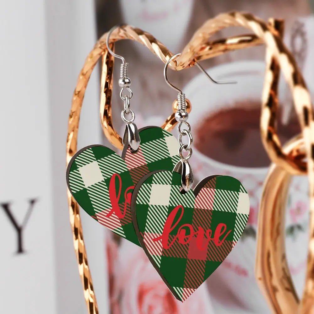 Tartan Wooden Heart Love Earring - Piryoung Shop