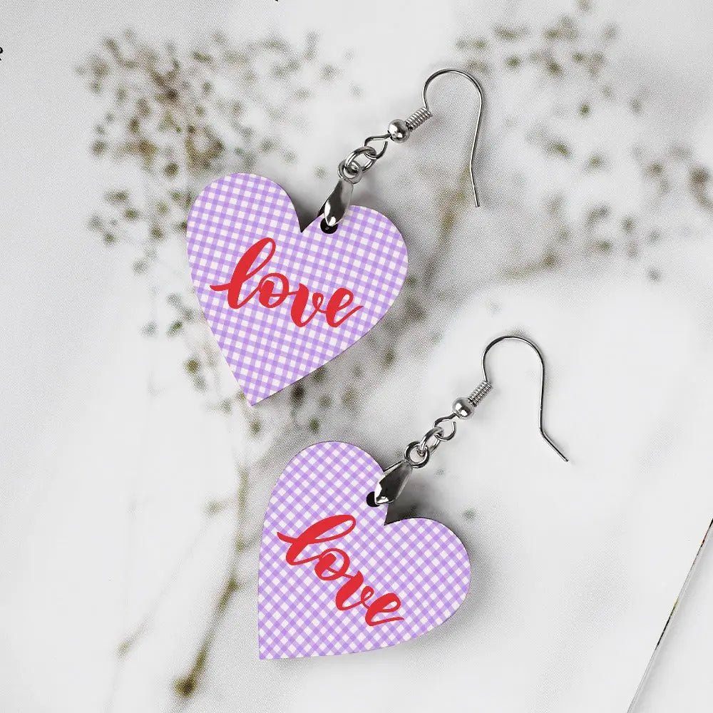 Tartan Wooden Heart Love Earring - Piryoung Shop