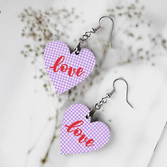 Tartan Wooden Heart Love Earring - Piryoung Shop