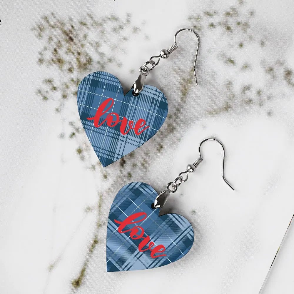 Tartan Wooden Heart Love Earring - Piryoung Shop